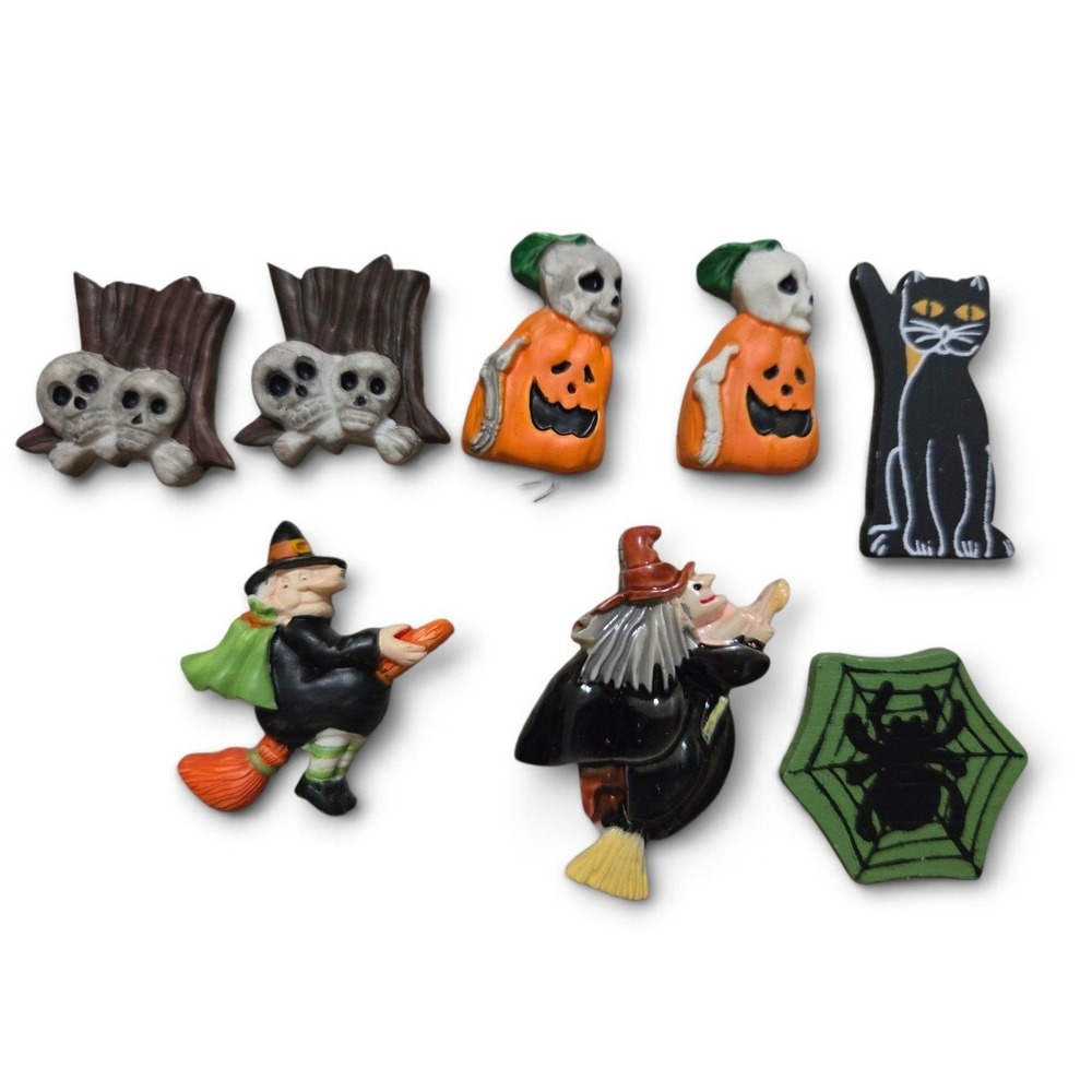Vintage Halloween Lot Hand Painted Resin Witches Skulls Cat Spider 8pc Taiwan